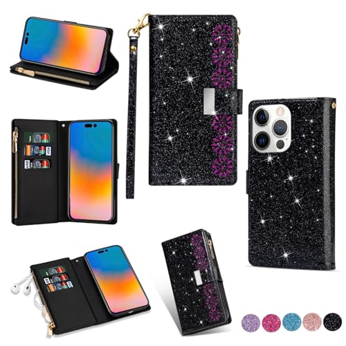 Étui cuir iPhone 15 Plus rose pailleté clapet avec porte-monnaie zippé