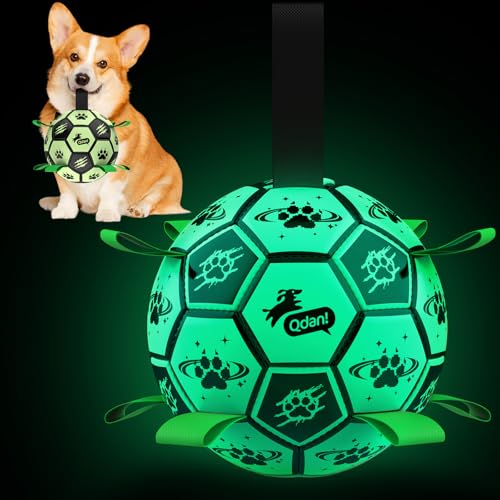 QDAN Premium Dog Ball, Glow in The Dark Dog Toys, Light Up Soccer Ball for Dogs, Outdoor Dog Toys, Doggy Water Toy, Puppy Birthday Gifts for Small Medium (6 Inch) Glow in the dark Ⅳ Medium