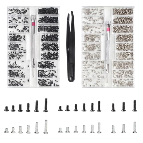 1000 Stück Kleine Schrauben Set, M1.2 M1.4 M2 Schrauben Sortiment Kit, 18 Größen PC Schrauben Set, Brillenschrauben Set mit Schraubendreher Pinzette, Mini Schrauben zur Uhren, Brillen, Computer