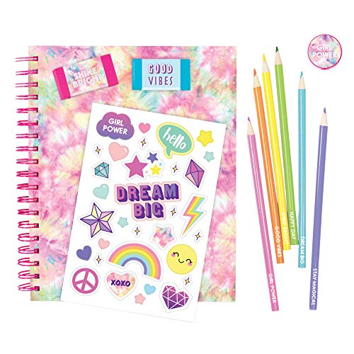 Three Cheers for Girls - All in One Sketching Set - Pastel Tie Dye Sketch Pad & Colored Pencil Set - Includes 200 Page Spiral Bound Sketchbook, Colored Pencils, Erasers, Sharpener & Sticker Sheet