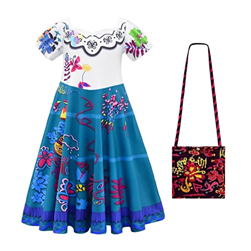 Eleasica Vestido de Mirabel para Niña Costume para Encanto con Accesorios Peluca Bolso Gafas Manga Corta Regalo Reyes Disfraces para Niños Navidad Vestido para Fiesta Carnaval,Azul 2,130