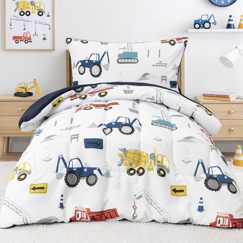 PHF 4 Piece Toddler Bedding Set, Ultra Soft Toddler Comforter Sets Include Comforter, Fitted Sheet, Flat Top Sheet and Pillowcase for Boys, Bed in A Bag for Toddler Bedroom, Truck and Digger