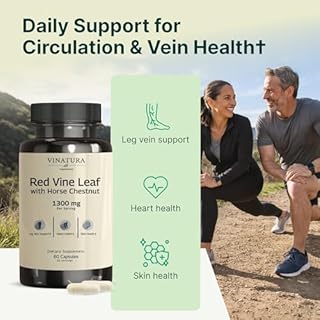 VINATURA Red Vine Leaf Extract - Horse Chestnut, 1300mg/serving *USA Made and Tested* Circulation and Vein Support for Healthy Legs - Helps Blood Flow, Leg Circulation - 60 Capsules (30 Servings)