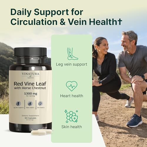VINATURA Red Vine Leaf Extract - Horse Chestnut, 1300mg/serving *USA Made and Tested* Circulation and Vein Support for Healthy Legs - Helps Blood Flow, Leg Circulation - 60 Capsules (30 Servings)