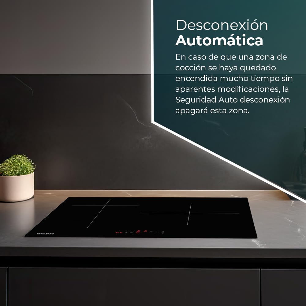 Svan Placa de Inducción Cristal negro SI3602B. Potencia máx. 6200 W, 3 Zonas de Cocción, 9 Niveles de Cocción, Control Táctil, Bloqueo y Autodesconexión de Seguridad