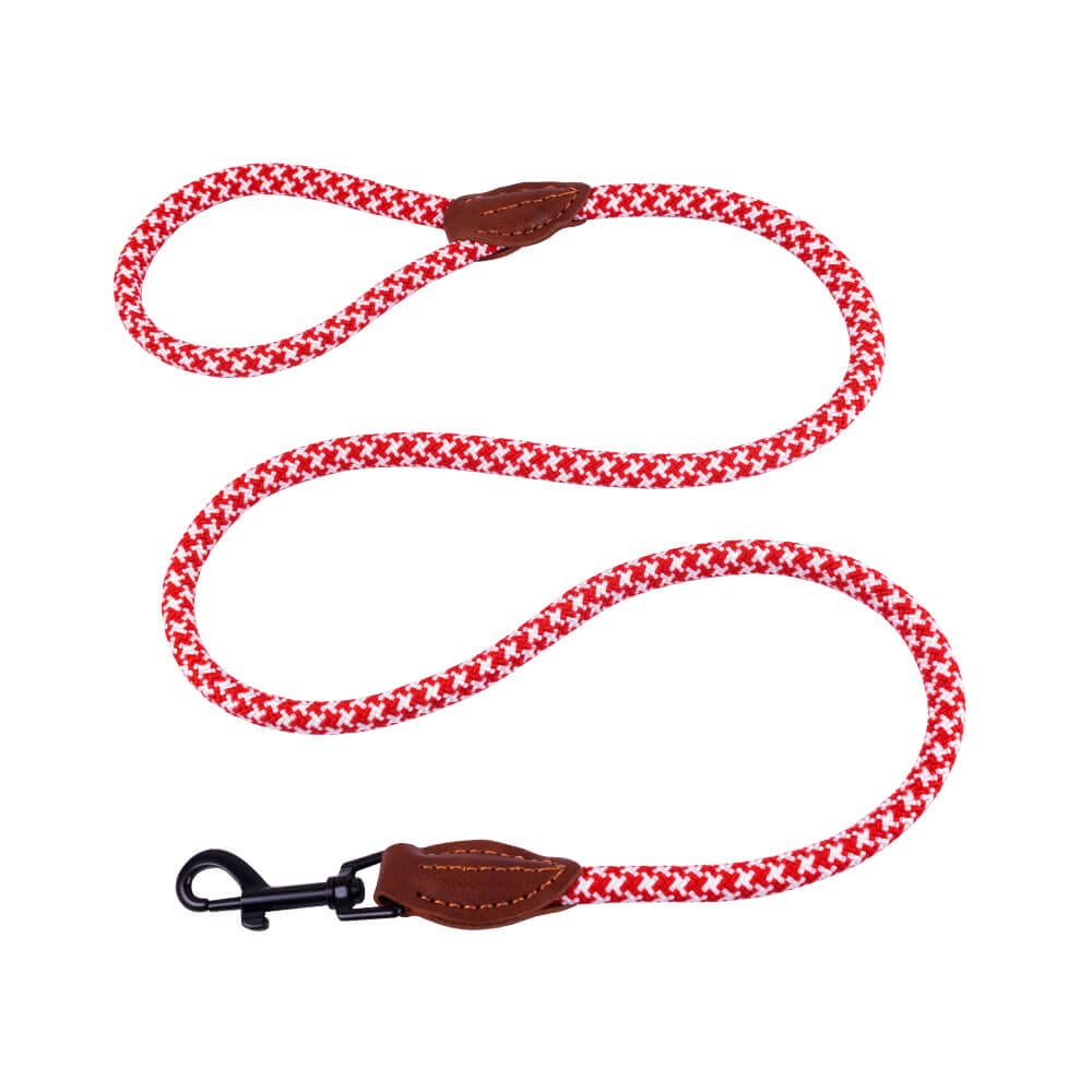 AllPetSolutions Rope Dog Lead - Heavy Duty Walking, Running, Outdoor Training Lead for Dogs - Anti-Tangle Leash with 360 Hook, Strong Clip, Easy Grip Loop Handle - Red/White, Braided Nylon, 120cm