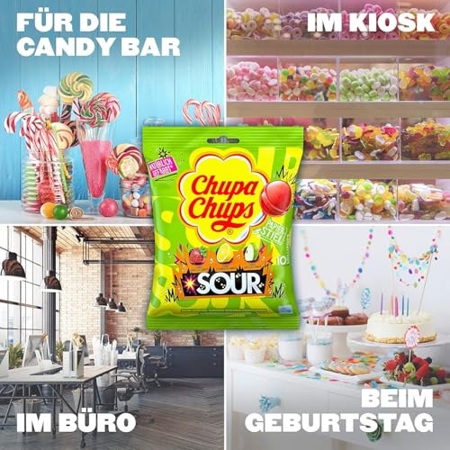 Chupa Chups saure Lutscher, Nachfüll-Beutel mit 10 extra sauren Frucht-Lollis in den drei Geschmacksrichtungen Apfel, Erdbeere, Zitrone, geeignet für Geburtstag, 10 x 12g