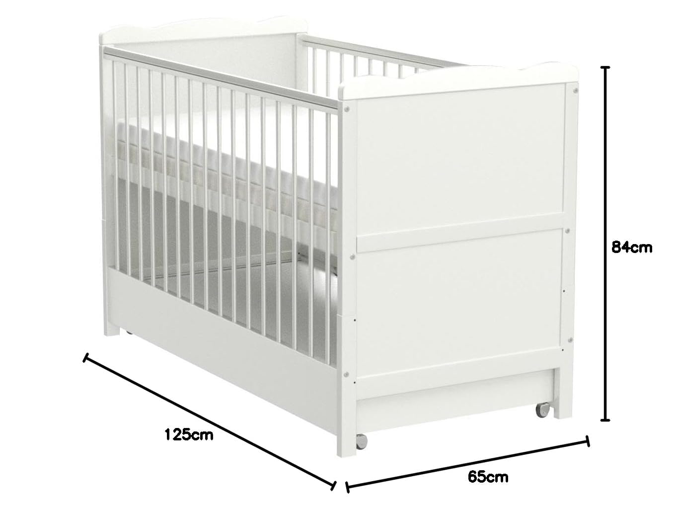 Cuna con cajón y tapa, con colchón de espuma de aloe vera, altura regulable, color blanco, convertible en cama infantil