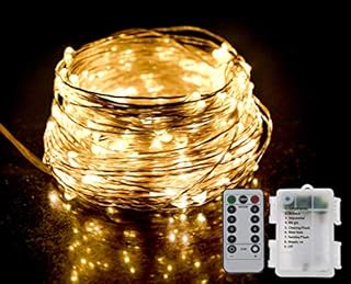 GHJ LED Battery Operated Remote Control Rainproof Silver Wire String Fairy Lights Indoor/Outdoor for Christmas Tree Xmas Garden Party (100LEDs, Warm White)