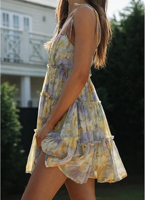 Image of Womens Boho Floral Mini Dress Summer Cottagecore Striped Flowy Smocked Spaghetti Strap Coquette Vacation Sundresses