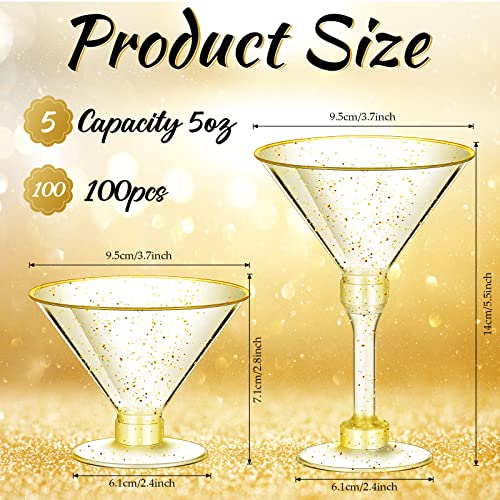 Hoolerry 50 Pcs Plastic Martini Glasses 5 oz Gold Glitter Disposable Cocktail Glasses Tall Appetizer Dessert Cups Unbreakable Wine Shooter Glasses for Margarita Wine Champagne Ice Cream