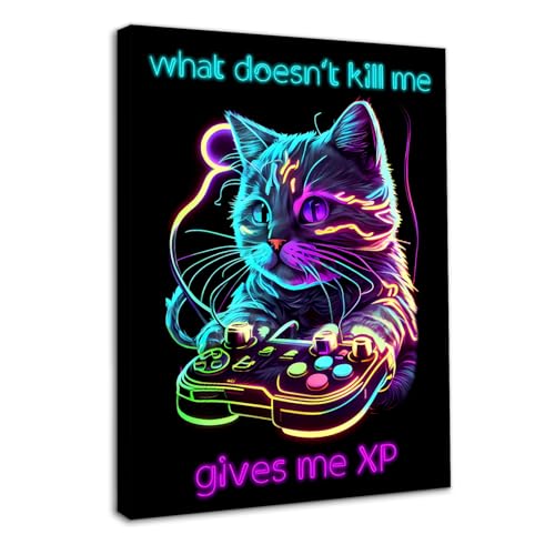 Cadre déco gaming avec poster chat cyberpunk drôle 30x40 cm pour chambre d'ado