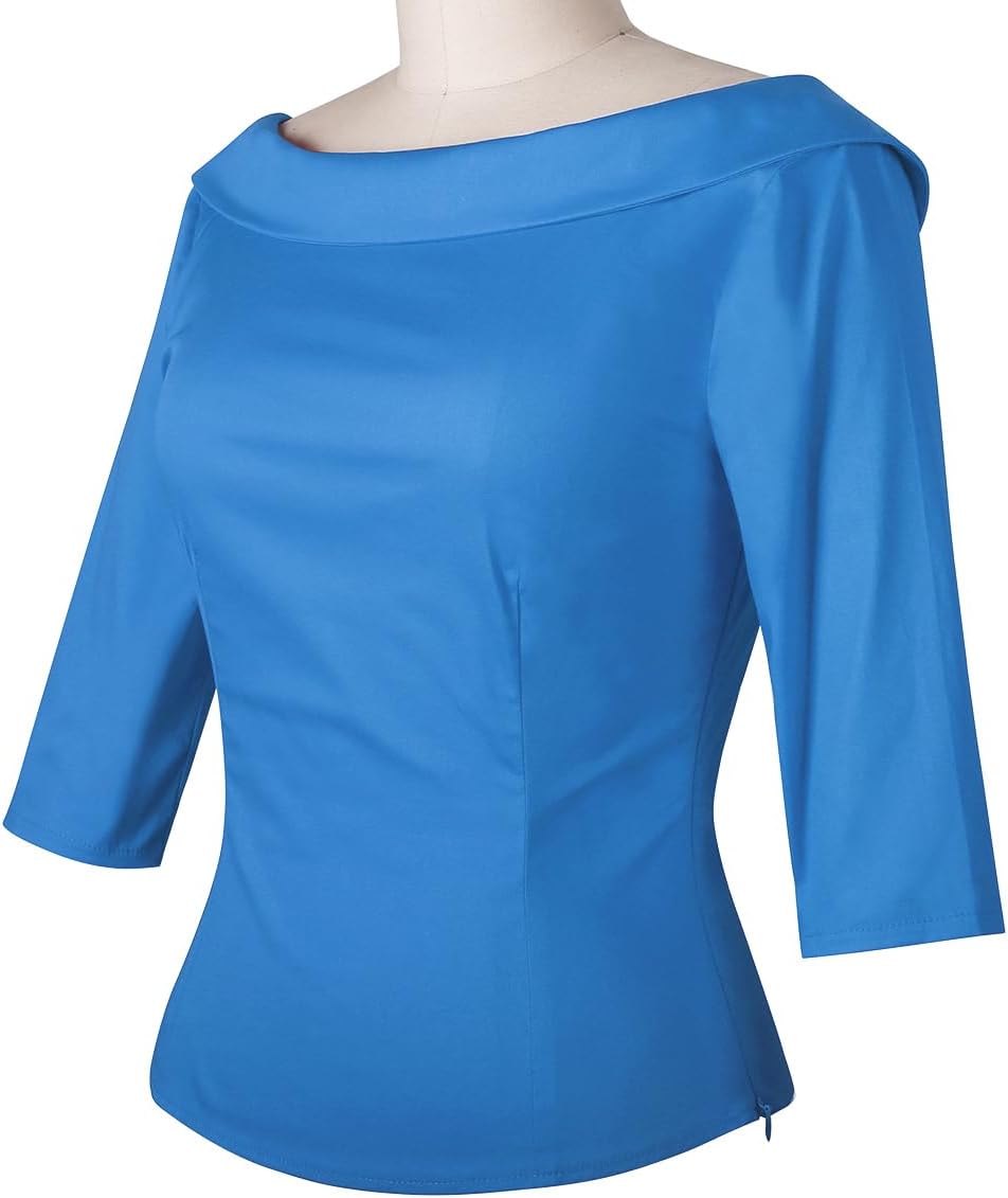 YARN & INK Women's 1950s Vintage Pinup Tops, Back Bow Tie Cute Rockabilly Elegant Shirt, Medium Sleeves Blouse