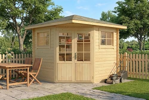 Alpholz 5-Eck Gartenhaus Sunny-B aus Holz Naturbelassen 250 x 250 cm mit 28 mm Wandstärke & Spitzdach