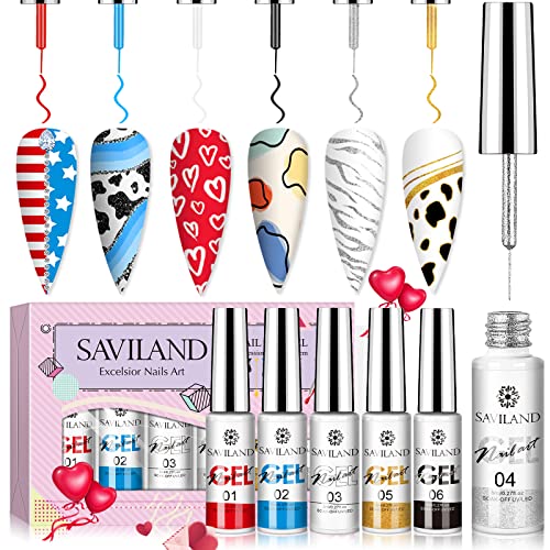 Saviland Gel Paint Set - 6 colores Gel Liner Nail Art Gel Esmalte de uñas Set para uñas Art Line Drawing Blanco Negro Amarillo Oro Glitter Nail Gel Polish Set para salón de uñas Kit de manicura Cover