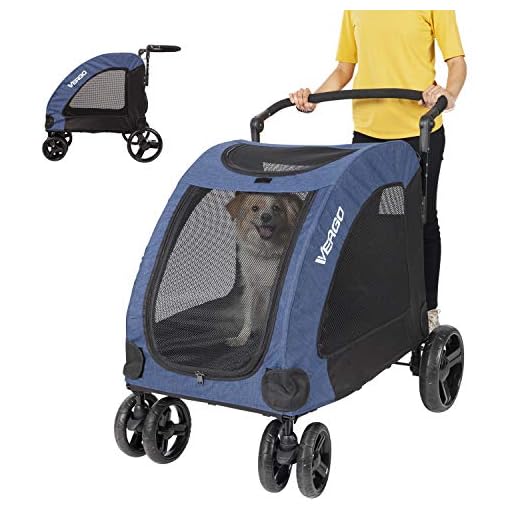 Vergo Dog Stroller Pet Jogger Wagon Foldable Cart with 4 Wheels, Adjustable Handle, Zipper Entry, Mesh Skylight Pet Stroller for Small to Large Dogs and Other Pet Travel (Blue)