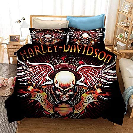 NICHIYO, set copripiumino e federe, motivo: Harley Davidson Motorcycle, in microfibra, con stampa digitale 3D, set da 3 pezzi (20, Doubie 200 * 200 cm + 80 * 80 cm)