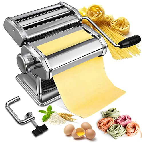 Nudelmaschine Edelstahl, Soldow Pasta Maker Robuste 150 Rolle mit Nudelschneider, 9 einstellbare Dickeneinstellungen für Spaghetti Nudeln Lasagne, Handkurbel und Klemme, inklusive Cutter Cover