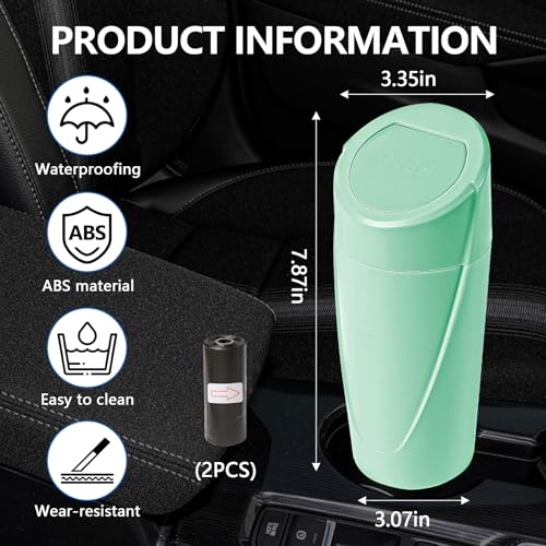 Image of Hovom Mini Car Trash Can with Lid, Portable Garbage Can for Car, Leakproof Cup Holder Automotive Garbage Bin with 2 Rolls of Trash Bags, Small Trash Storage Can for Car Home Office(Light Green)