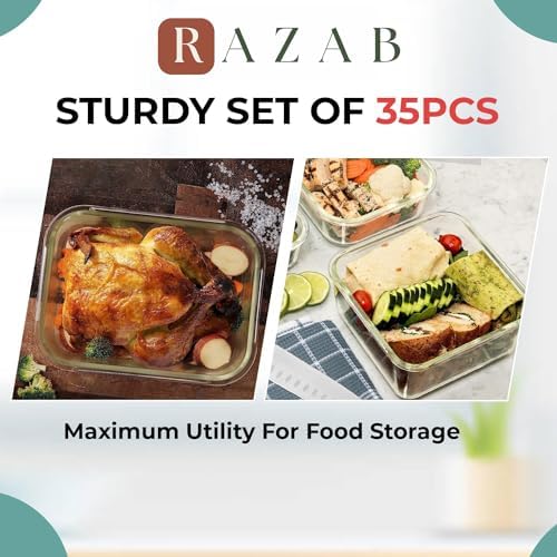 Razab 35 Pc Set Glass Food Storage Containers with Lids - Meal Prep Airtight Bento Boxes BPA-Free 100% Leak Proof (15 lids,15 glass & 5 Plastic Sauce/Dip Containers) — view 3