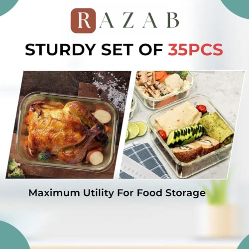 Razab 35 Pc Set Glass Food Storage Containers with Lids - Meal Prep Airtight Bento Boxes BPA-Free 100% Leak Proof (15 lids,15 glass & 5 Plastic Sauce/Dip Containers) - Thumbnail 4