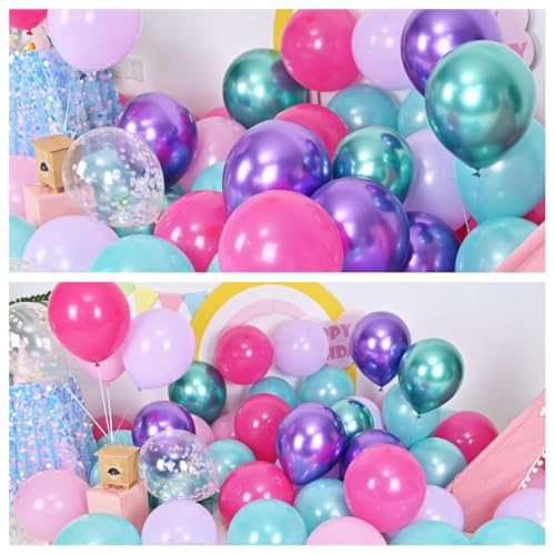 Image of Hot Pink and Purple Balloons, 12 Inch Purple Pink Teal Blue Mermaid Balloons, Metallic Purple Green Confetti Balloons for Girls Under The Sea Party Balloons Pink and Purple Birthday Decorations