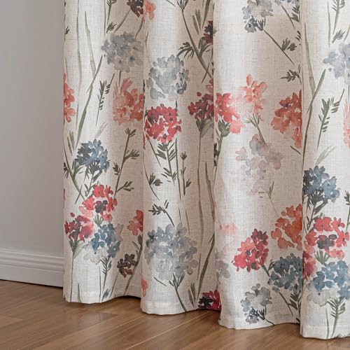 Image of MYSKY HOME Floor to Ceiling Linen Floral Curtains 102 Inch Length 2 Panels Semi Sheer Light Filtering Farmhouse Flower Printed Window Grommet Drapes for Dining Room, 52 inch W Each Panel, Red