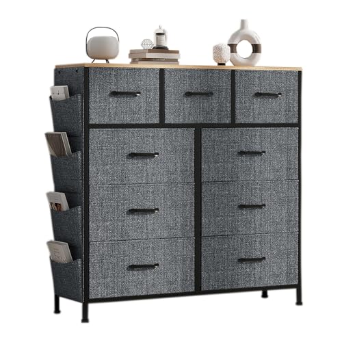 DIYHOM Cajonera con 10 cajones de tela, con asas y bolsillos laterales, estructura de metal, para dormitorio, salón, pasillo, gris