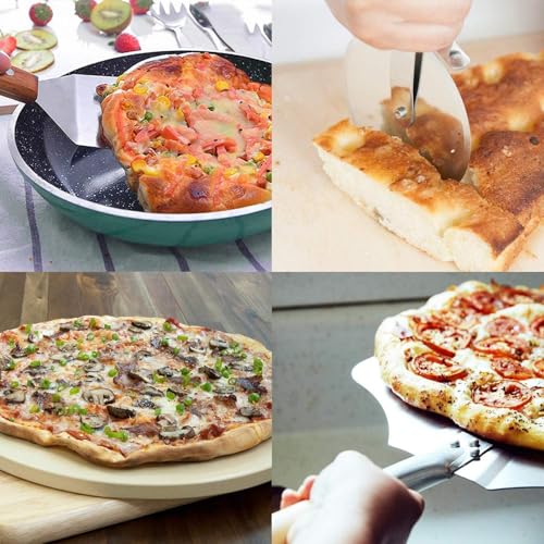 onlyfire Pizza Set für Backofen und Gasgrill, inkl. Pizzaschieber, Pizzaschneider, Pizzastein Cordierit und Langer Spachtel, Pizza Zubehör für knusprige Pizzen und Brote, 4-Teiliges