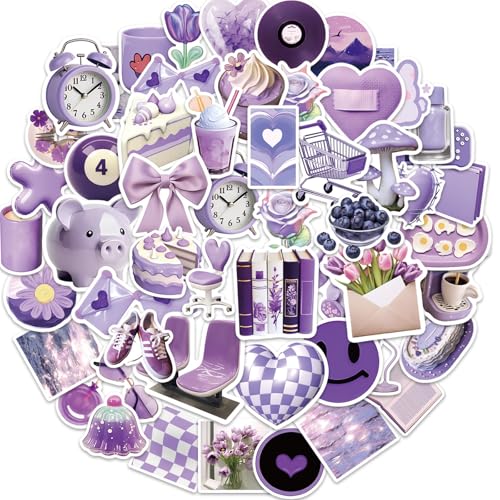 Aesthetic Purple Stickers for Water Bottle,56pcs Cute Aesthetic Stickers for Kids Girls Teens,Waterproof Vinyl Decals for Laptop Journal Scrapbooking Party Favors(Purple)