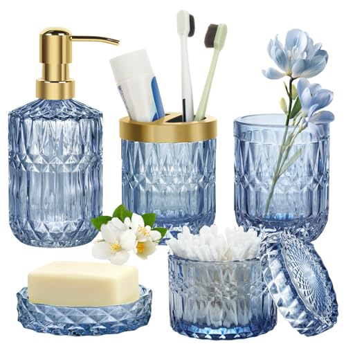 Lot de 5 Accessoires Salle de Bain en Verre - Decoration Salle de Bain avec Distributeur Savon, Porte Brosse à Dents,Tasse en Verre, Pot à Cotons-tiges et Porte-Savon,...