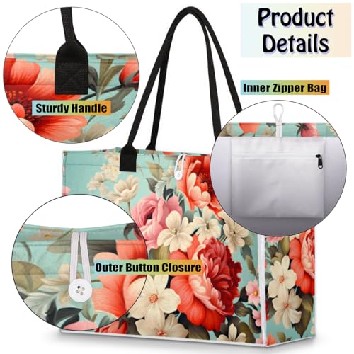 Vintage Daisy Roses Tote Bag for Women Large Beach Bag Reusable Tote Bags for Work Travel Beach Shopping4