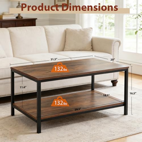 SUPER DEAL 2-Tier Industrial Coffee Table with Storage Shelf for Small Apartment Living Room, Rectangle Wood and Stable Metal TV Stand Side End Table, Rustic Brown - Image 4
