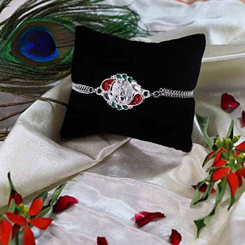 Image of Oblivion Designer Silver Colour Swastik & Floral Rakhi Bracelet Rakhi Set for Brother, Set of 2 with 4 Baby Buddha, Pooja Coin, Kumkum Chawal Bowls & Card | Rakhi Gift Hamper for Raksha Bandhan