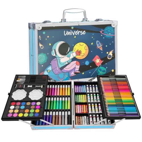 Image of KARP Children Deluxe Art Drawing Set for Kids| Drawing & Coloring Set with Crayons, Oil Pastels, Colour Pencils, Watercolors, Sketch Pens, Brushes & Carry Case (145 Pcs Astronaut Print Art Set - Blue)