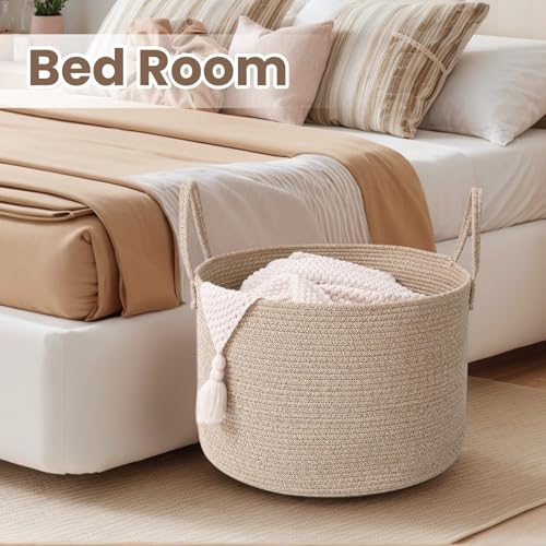 JMvicyroam Woven Blanket Basket,65L Large Rope Storage Bin with Handles, Organizer for Blankets Toys Book and Clothes, Laundry Basket for Living Room Bedroom Nursery,Oatmeal - Thumbnail 7
