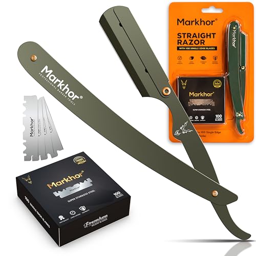 MARKHOR® Camuflaje Verde - Navaja Afeitar Profesional con 100 Cuchillas para hoja de barbero - Cuchilla de Afeitar Hombre Estilo Barbero Clásico - Kit de Afeitado Premium