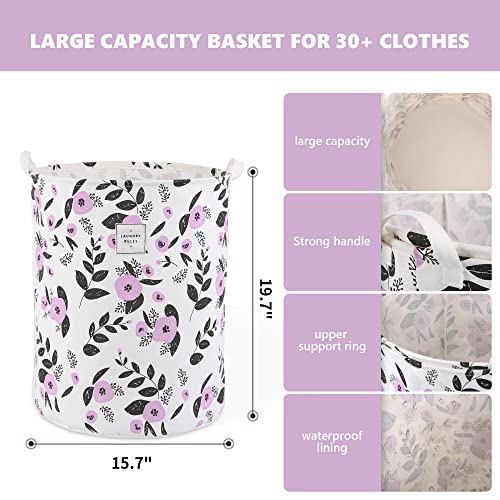 Large Foldable Laundry Basket Organizer Holder Portable Tall Collapsible Laundry Hamper Nusery Storage Basket Bin With Handles Canvas & Waterproof Lining For Household Items (Floral Purple) #TOP2