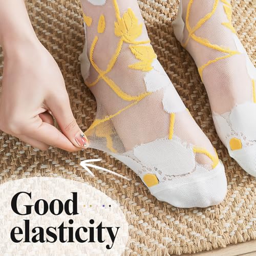 5 Pairs Sheer Socks Women - Lace Trouser Mesh Socks, Summer Ultrathin Crystal Glass Stocking, Sheer Ankle Transparent Fishnet Vintage High Mid Calf Sock for Girls Women Green Yellow Black White Pink3