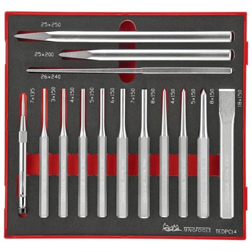 Teng Tools 14 Piece Parallel Pin Punch, Flat Cold Chisel and Centre Punch Foam Set - TEDPC14, Silver