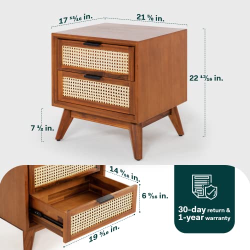 Bme Jasper Deluxe Solid Wood Rattan Nightstand Fully Assembled - Mid Century Modern Side Table, Nightstands With 2 Drawers - Multipurpose Use For Living Room, Bedroom - Dark Chocolate #TOP3