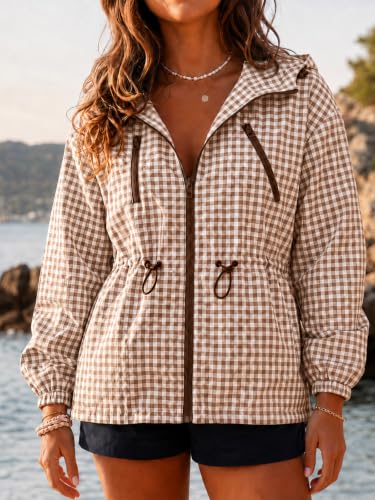 Fisoew Womens Rain Jacket Waterproof Plaid Raincoat Hooded Windbreaker | Oversized Lightweight Jacket, Drawstring Waist, Decorative Chest Zipper, Two Side Pockets, Casual Travel Hiking Outdoor Coats - image 3