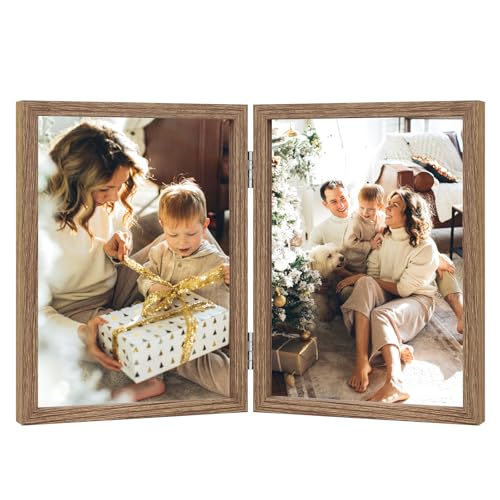 AVEAX Cadre Photo Double 10x15 cm, Cadre en Bois Pliable avec Vitre, Cadres Photo pour Table, Cadeau pour Famille, Amis, Grain de bois