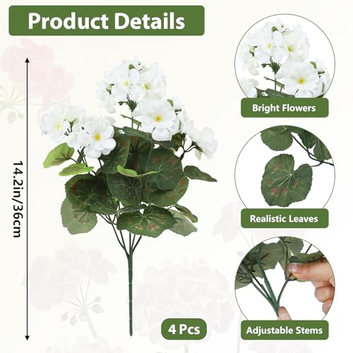Image of Bassion Artificial Geraniums Flowers for Outdoors Decoration, 4 Pcs, White