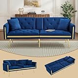 ModernLuxe Sofa Bed with Adjustable Backrest, Gold Accents & Built-in Cup Holders, Convertible 2 Seater Sofa, Comfortable Space-Saving Daybed for Living Room or Bedroom, Velvet, Blue - Image 8