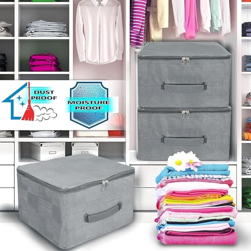 Image of Storite 20 Pack Nylon Wardrobe Bag Underbed Moisture Proof Cloth Storage Organizer, Storage box for Clothes Saree Bags with Zippered Closure & Handle (Grey, 37x35x23 cm, Square)
