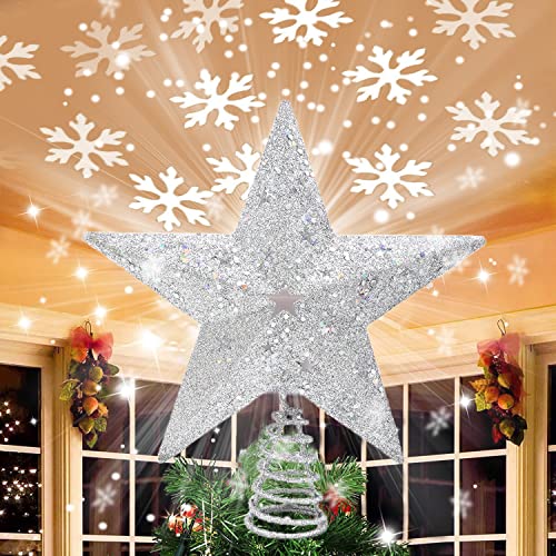 Weihnachtsbaum-Sternspitze, Lichter mit 3D-LED-Licht, Weihnachtsdekoration, Baumspitze, Projektor, für Krone, Weihnachtsbaum, Urlaub, Party, weiß, Innen- und Außenbereich, Dekoration (Silber) Cover