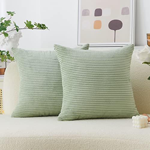 Home Brilliant Throw Pillow Covers 18x18 Solid Plush Corduroy Striped Square Pillow Covers for Couch Cushion Covers Set of 2 Decorative Pillows for Living Room St Patrick, 18 x 18 Inch, Sage Green