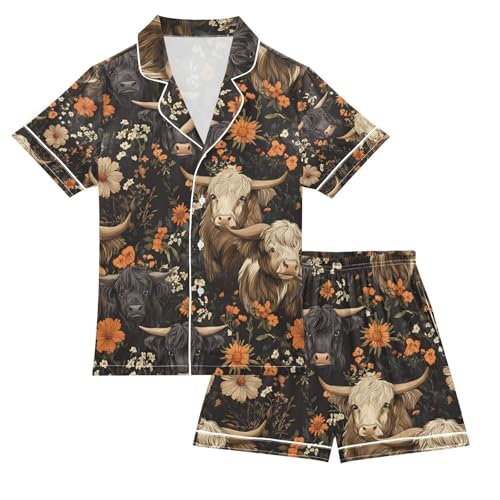 senya Highland Cows with Flowers Z Satin Summer Pajama Sets Silk Short Sleeve Button Down Sleepwear
