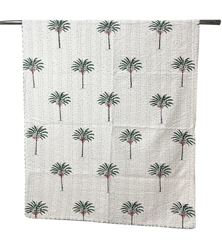 Generic kanthaNtapestryart Hand Block Kantha Quit Indian Kantha Quilt Floral Kantha bedcover Throw Cotton Kantha bedsheet Bedding Bohemian Kantha Bedspread (Twin Size 60x90 Inch), White Green
